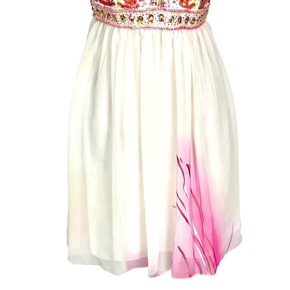 Beaded Custom Pageant Cocktail White Pink Chiffon Dress Beaded Bodice Size S - Picture 5 of 10